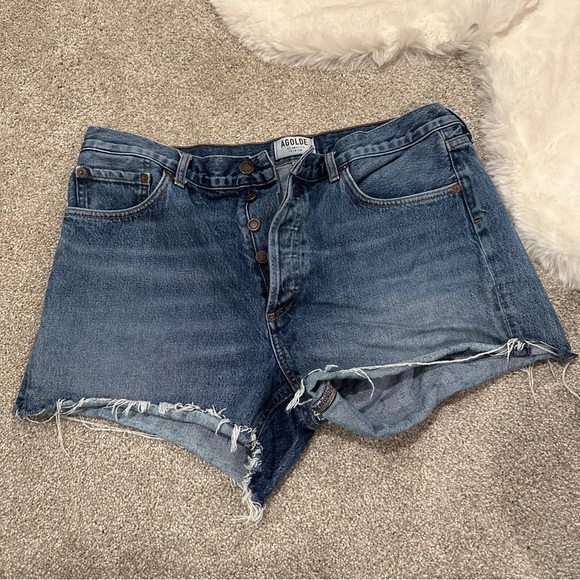 Agolde Parker Denim Jean Shorts Size 31 Cut Off Distressed Button Fly Raw Hem - Picture 3 of 9
